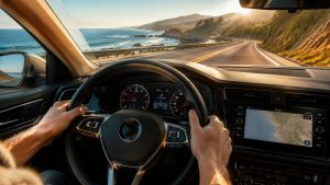 A driver’s hands resting lightly and relaxed on a steering wheel, looking out through the windshield at a sunny, scenic Santa Cruz coastal highway.