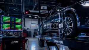 A high-tech digital wheel alignment being performed on a modern car using a Hunter Engineering Hawkeye Elite system to reduce tire wear and prevent rubber waste.