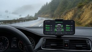 Driver's perspective from a car cockpit on a misty coastal highway, with a smartphone mounted on the dashboard showing a real-time smart tire alignment app interface with green "optimal" status indicators.