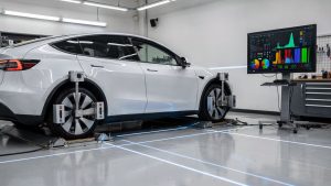 A professional mechanic performing a high-definition digital wheel alignment on a Tesla Model Y, featuring optical sensors on wheels and precise calibration data displayed on a wall-mounted monitor.